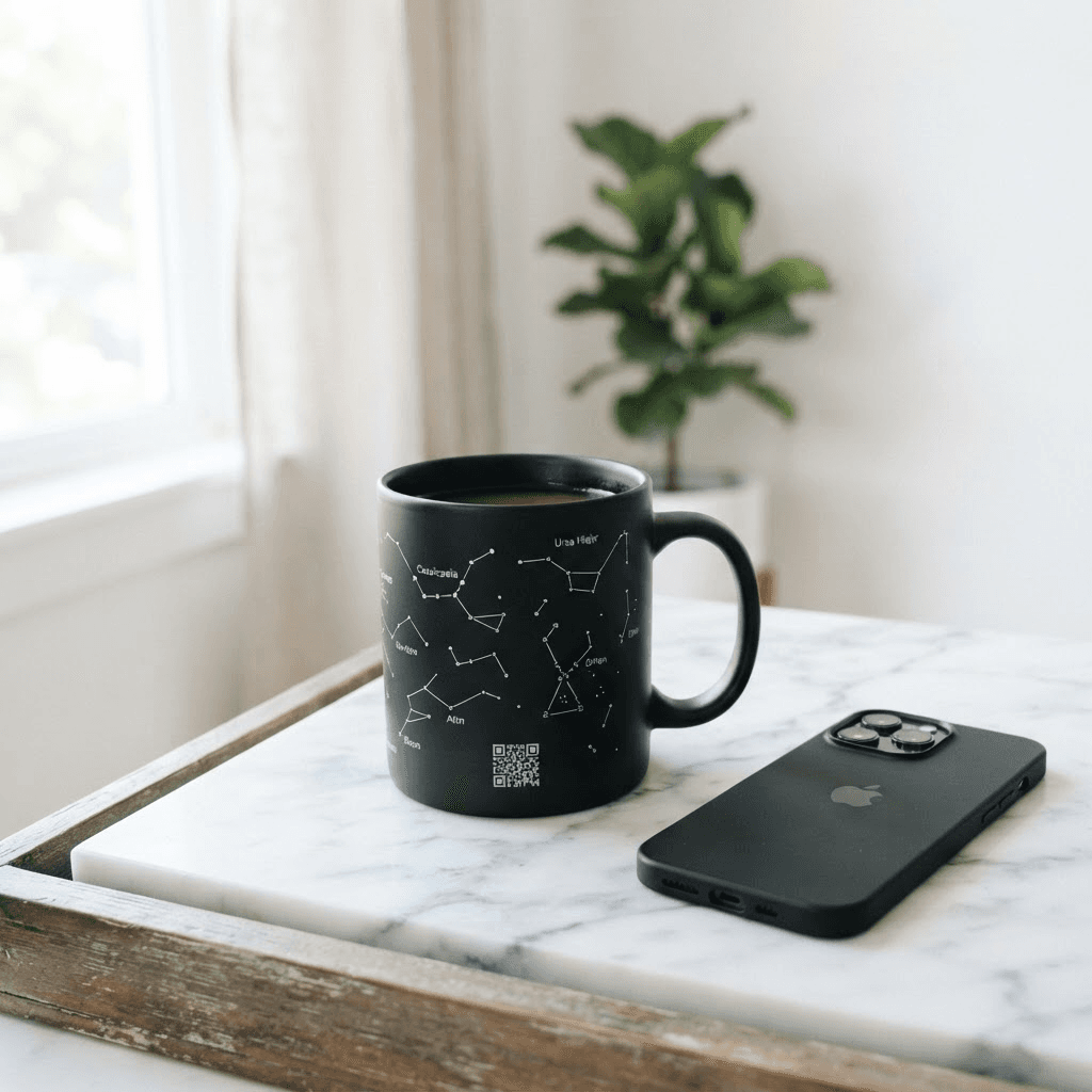 Tazón de cerámica negro mate con constelaciones blancas sobre una mesa de mármol blanco junto a un teléfono