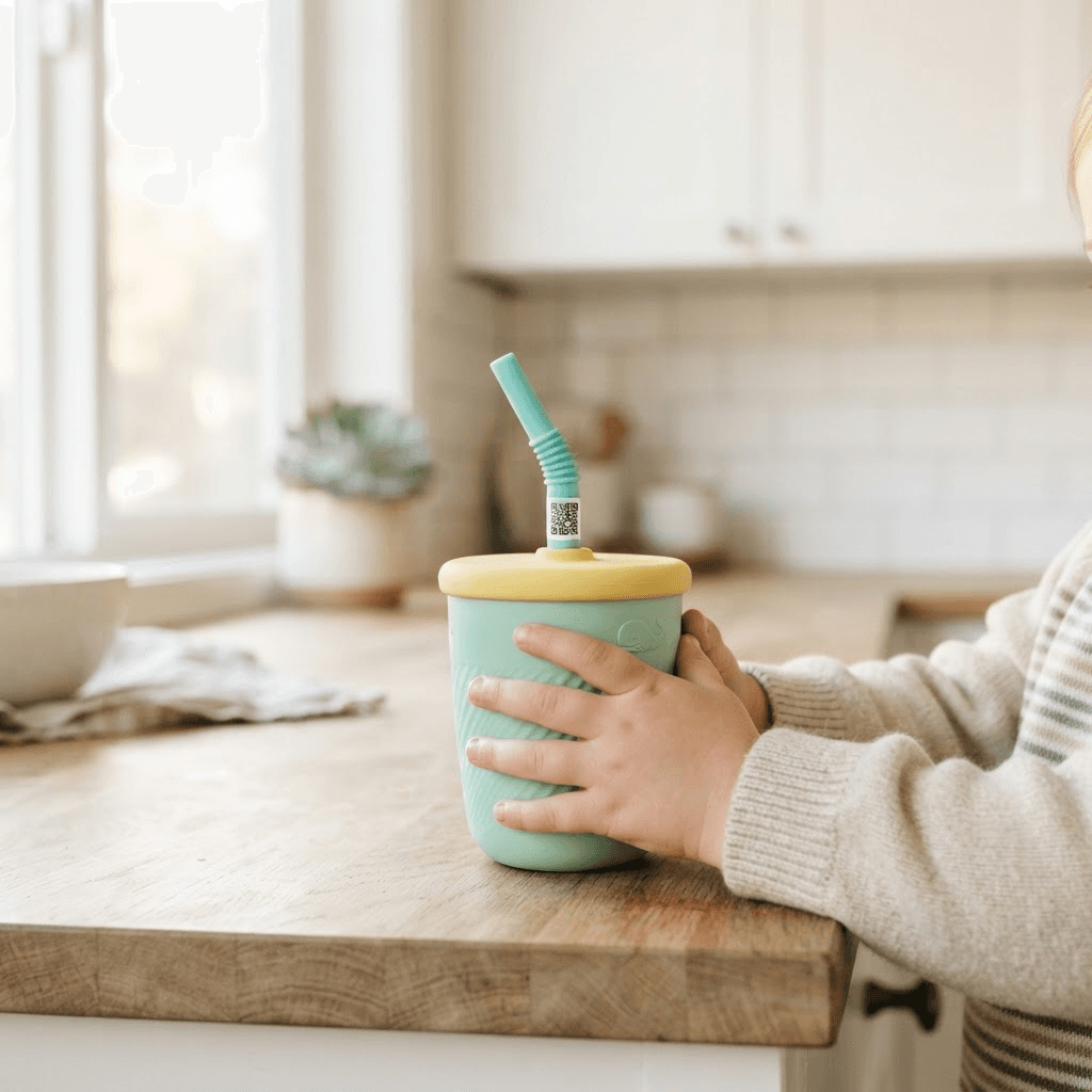 Manos de una niña sosteniendo un vaso infantil verde menta con tapa amarilla en una cocina blanca