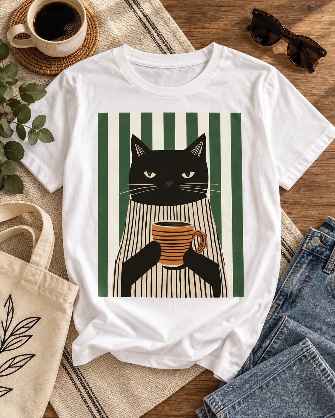 Polera blanca Iconic Pets Gato Café Minimalista Mujer con estampado frontal grande en fotografía lifestyle cenital