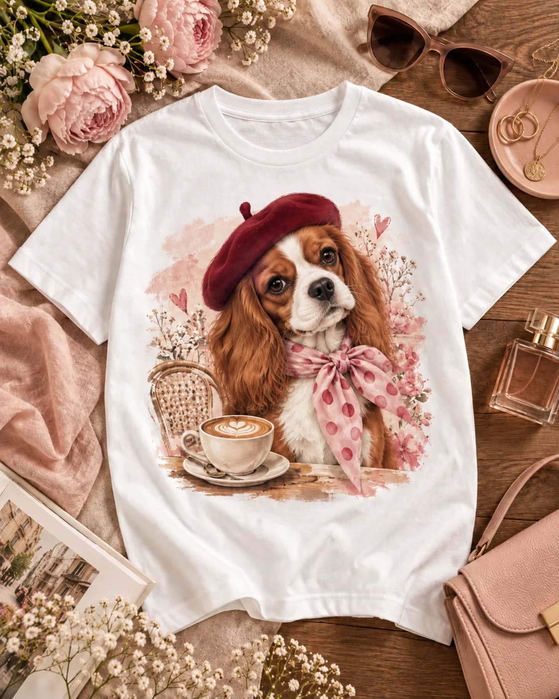 Polera Iconic Pets Beagle Café con Boina con estampado frontal grande en fotografía lifestyle