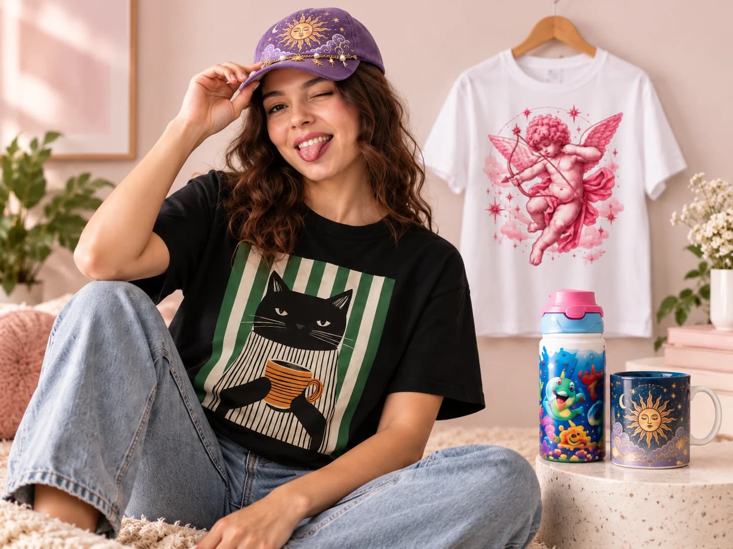 Modelo con jockey y polera Iconic Pets, otra polera de la colección junto a un vaso Kids y un tazón Horóscopo