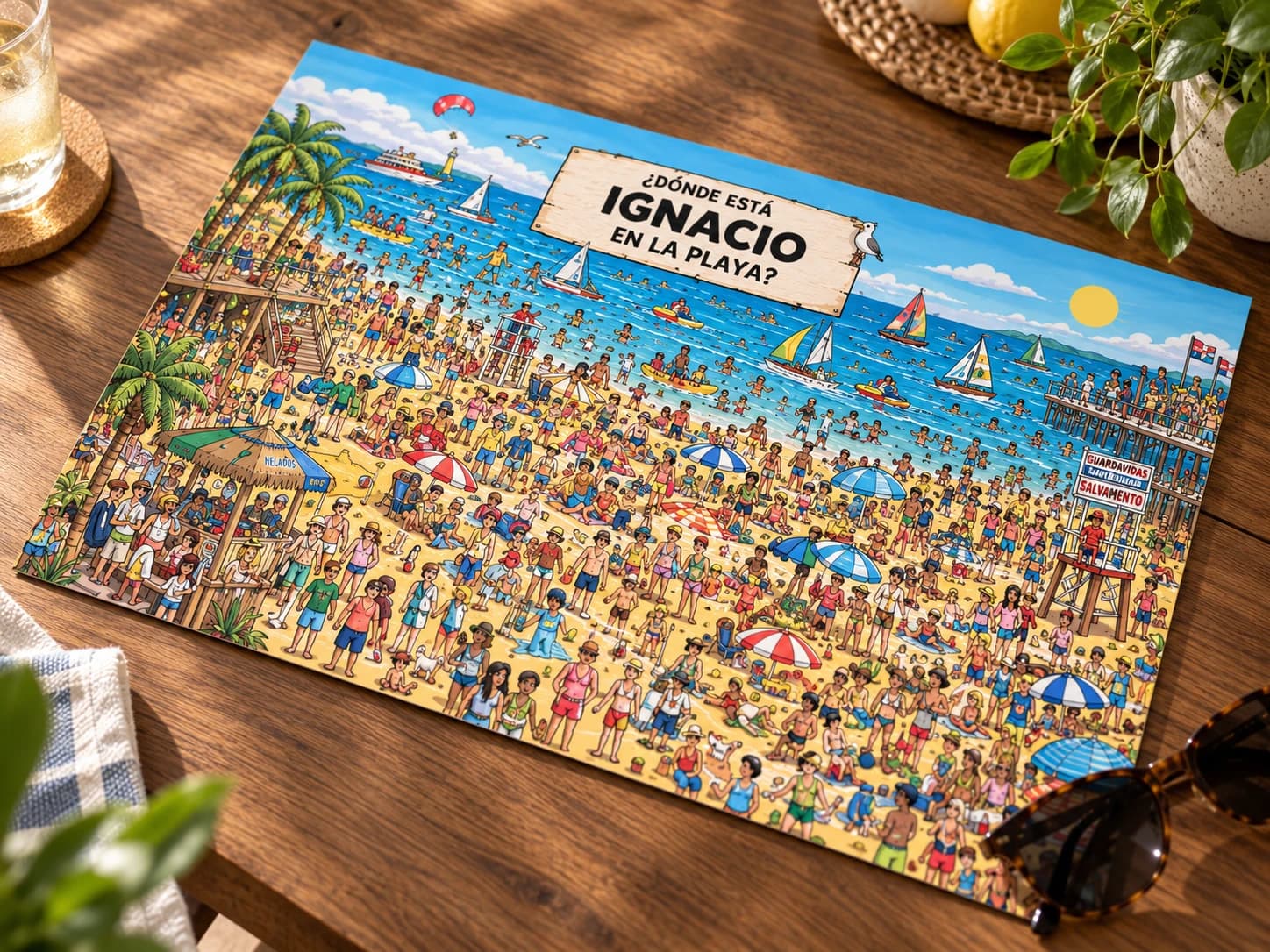 Lámina personalizada ¿Dónde está en la playa? con la persona escondida entre cientos de personajes