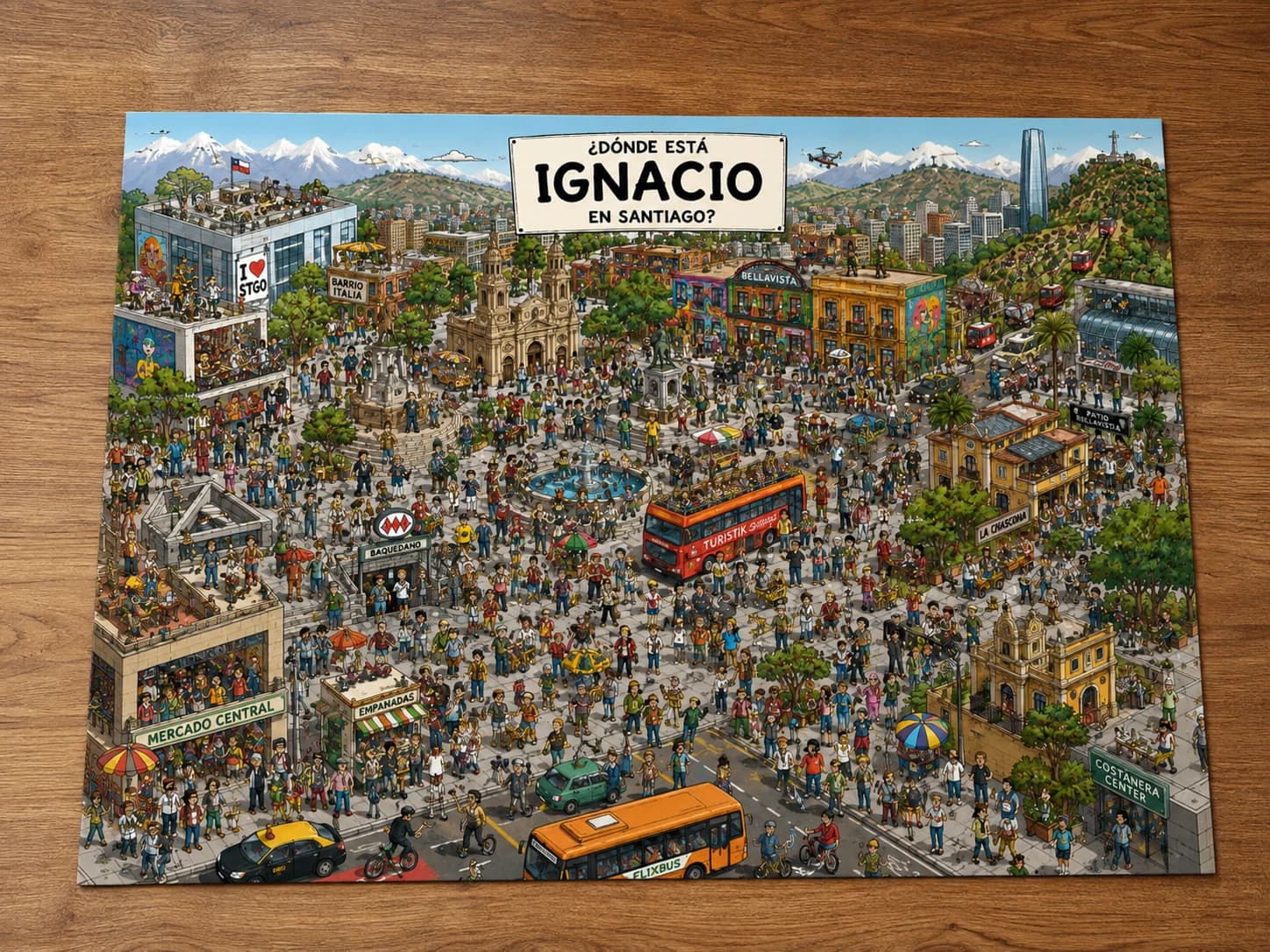 Lámina personalizada ¿Dónde está en Santiago? con la persona escondida entre cientos de personajes en la Plaza de Armas y Bellavista
