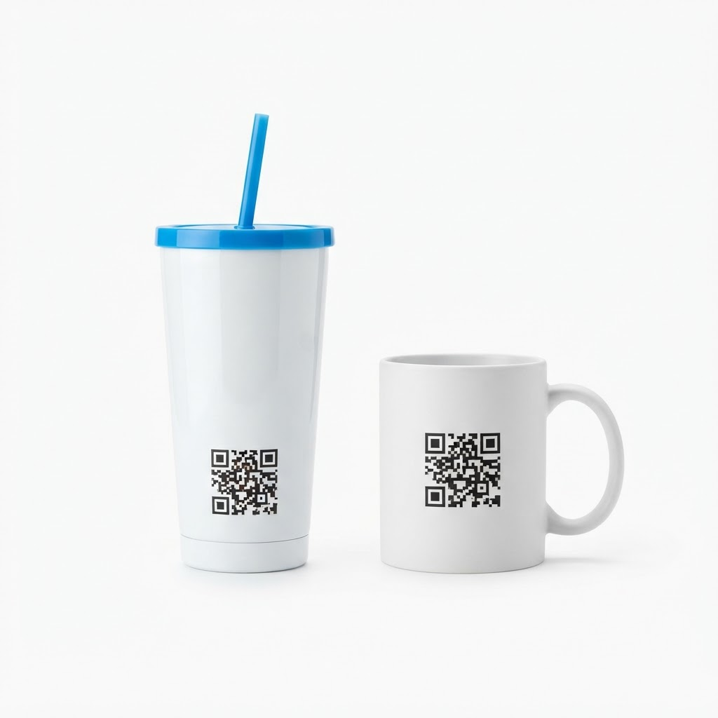 Vaso térmico blanco con tapa azul y tazón de cerámica blanco, ambos con código QR impreso